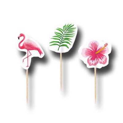 20 Partypicker mit Flamingo, Hibiskus und Palmenblatt Motiven.
