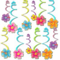 Spiral-Dekohänger mit Hibiskus Motiven aus Karton in verschiedenen Farben.