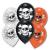 6 orange und schwarze Luftballons mit Piraten Totenkopf Motiven Jolly Roger in schwarz und weiß.