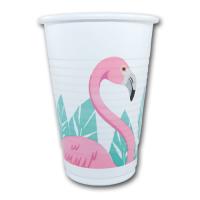Weiße Plastikbecher mit rosa Flamingo und...