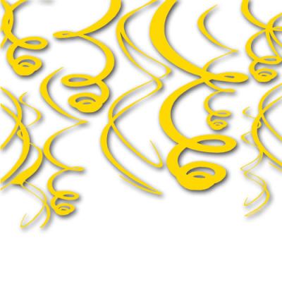 Gelbe Dekospiralen aus Kunststofffolie mit ca. 55 cm Länge.