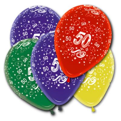 5 Zahlenballons 50 in unterschiedlichen Farben, für die bunte Geburtstagsdeko.