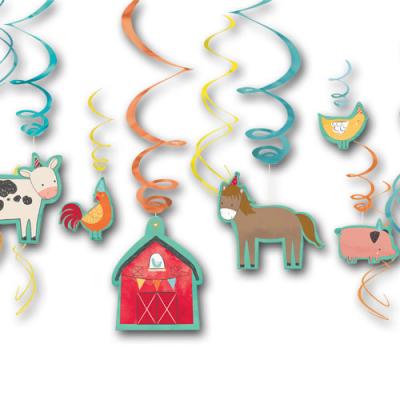 12 Dekospiralen mit Bauernhof Motiven (6 Motive: Kuh, Hahn, Scheune, Pferd, Kücken, Schwein) für die Kindergeburtstag Mottoparty.