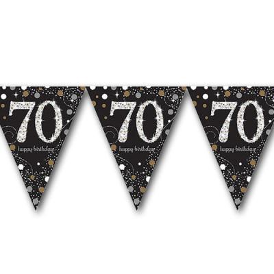 Edle Wimpelkette schwarz mit silber glänzendem 70er und Happy Birthday Aufdruck.