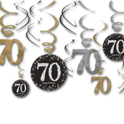 12 Dekospiralen in gold, schwarz und silber mit 70 und happy birthday Aufdruck für die 70er Geburtstagsdeko.