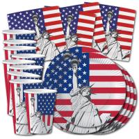 Pappteller, Pappbecher und Papierservietten mit USA Flagge und Motiven für eine amerikanische Mottoparty.
