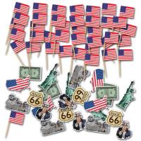 USA Tischdeko Motive und USA Flaggenpicker im passenden amerikanischen Partygeschirr Dekoset.