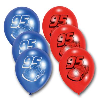 6 blaue und rote Kindergeburtstag Luftballons mit Cars Motiven von Lightning McQueen.