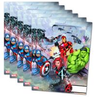 Sechs Avengers-Partytaschen im Set mit farbenfrohen Superhelden-Motiven – ideal für Mitgebsel auf Kindergeburtstagen