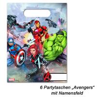 Set mit 6 Kinderparty Avengers-Partytaschen inklusive Namensfeld zum Beschriften – mit Motiven von Iron Man, Hulk, Black Widow und weiteren Helden