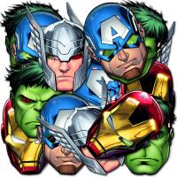 Mehrere Avengers-Masken mit verschiedenen Superhelden-Motiven gemischt verteilt