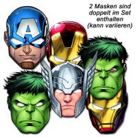 Set mit 6 Avengers-Partymasken, bunt bedruckt mit Superhelden-Motiven – ideal für Mottopartys und Kindergeburtstage