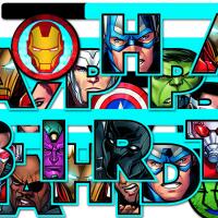 Detailansicht der einseitig bedruckten Avengers-Buchstabengirlande: Superhelden-Motive auf jedem Buchstaben, darunter Hulk, Thor, Captain America, Iron Man, Black Widow, Falcon, Vision, Black Panther, Ant-Man, Nick Fury und Hawkeye