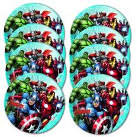 Acht Pappteller mit farbenfrohem Avengers-Motiv, illustriert mit Captain America, Hulk, Thor und Iron Man