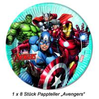 Ein einzelner Pappteller mit Avengers-Motiv, Teil eines 8er-Sets
