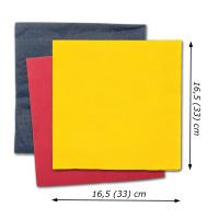 Papierservietten in den Farben schwarz-rot-gelb und mit Größenangaben.