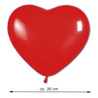 Herzluftballon rot aus Naturkautschuklatex mit Abmessungsanzeige von ca. 30 cm Durchmesser.