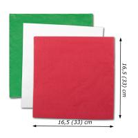 Papierservietten in den Farben grün, weiß, rot und mit Größenangaben.