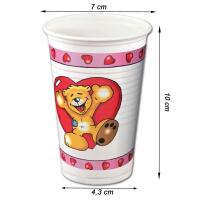 Kindergeburstag Trinkbecher mit Teddybär in Love Motiv, roten Herzen und Größenangaben