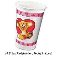 Teddybär Partybecher mit roten Herz Motiven und Mengenangabe