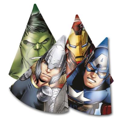6 Partyhütchen aus Karton mit Motiven von Iron Man, Thor, Captain America und Hulk.