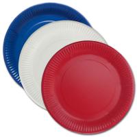 Umweltschonendes Pappteller Set in den Farben blau, weiß und rot.
