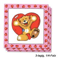 Kindergeburtstag Papierservietten fröhlicher Teddy Bär mit roten Herzen Motiven und Beschreibung