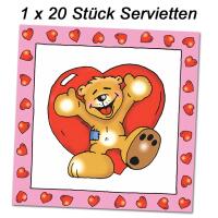 Kindergeburtstag Papierservietten Teddybär in Love mit roten Herzen, rosa Umrandung und Mengenangabe
