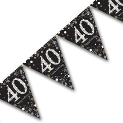 Edle Geburtstagsdeko Wimpelkette in schwarz, mit silber glänzender Zahl 40, Happy Birthday Aufdruck und Verzierungen in gold und silber.