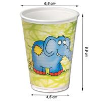 Weiße Plastikbecher mit blauem Elefanten Comic Motiv auf grünem Hintergrund und mit Größenangaben