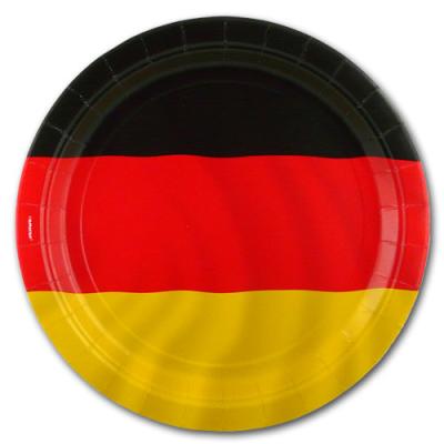 8 schwarz-rot-gelborange gestreifte Pappteller im Design der Deutschland Flagge.