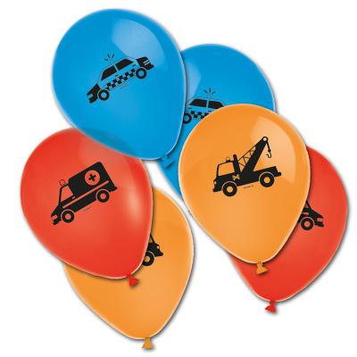 6 farbige Luftballons mit Polizeiauto, Feuerwehrauto und Rettungswagen Motiven für die Kindergeburtstag Mottoparty.