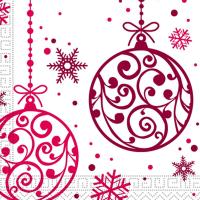 Detailansicht der weihnachtlichen Christbaumkugel und Schneeflocken Motive in rot und dunklem bordeaux, auf den Weihnachtsdeko Papierservietten.
