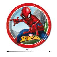 Umweltschonende Pappteller mit Spiderman Motiv und Größenangabe.