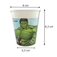 Kindergeburtstag Avengers Pappbecher mit Hulk Motiv und Abmessungsanzeige.