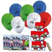 Detailansicht der Kindergeburtstag Avengers Deko mit Luftballons, Einladungskarten, Partytaschen für Mitgebsel und Luftschlangen HAPPY BIRTHDAY
