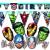 Detailansicht der Kindergeburtstag Avengers Dekoration mit Wimpelkette, Buchstabengirlande HAPPY BIRTHDAY, Partymasken und Konfetti HAPPY BIRTHDAY.
