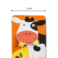 Großansicht des Kuh Motives auf den Kindergeburtstag Bauernhof Einladungskarten mit Größenangabe.