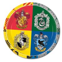 8 Kindergeburtstag Pappteller mit den Harry Potter Wappen der 4 Hogwarts Häuser Gryffindor, Slytherin, Hufflepuff und Ravenclaw.