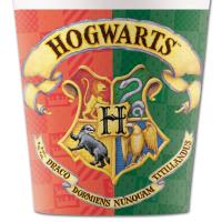 Pappbecher mit den 4 Wappen der Hogwarts Häuser Gryffindor, Slytherin, Hufflepuff und Ravenclaw für die Harry Potter Kindergeburtstag Deko.