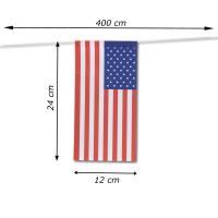 USA Fahnenkette mit USA Flaggen aus schwer entflammbarem Papier und Größenangaben.