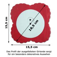 Profilansicht der Papiergirlande rot-gelb mit Größenangaben und Beschreibungstext
