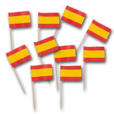 50 Fahnenpicker (Zahnstocher mit Spanien Flagge) am Holzpicker. Flagge ca. 5 x 3,5 cm; Zahnstocher ca. 10 cm Höhe