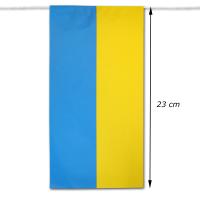 Papier Fahnengirlande mit Ukraine Flaggen in blau-gelb und Abmessungsanzeige.