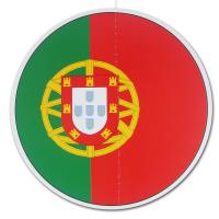Runder, beidseitig bedruckter Dekohänger aus Karton mit Portugal Flagge Motiv und transparenter Nylonschnur zum Aufhängen. (13,5 cm Durchmesser)