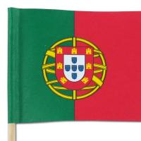 Detailansicht der Portugal Flagge mit Wappen auf dem Holz...