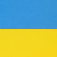 Fähnchen mit Ukraine Flagge am Holzstab in Großansicht.