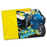 Einladungskarte mit Batman Motiv und gelbe Umschläge für die Kindergeburtstag Mottoparty.