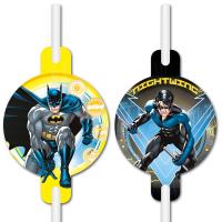 4 umweltschonende und stabile Papier-Strohhalme mit runden Superhelden Motiven von Batman und Nightwing.