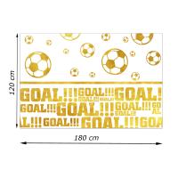Plastik Tischdecke mit goldenen GOAL!!! Aufdrucken, goldenen Fußball Motiven und Abmessungsanzeige der Länge und Breite.